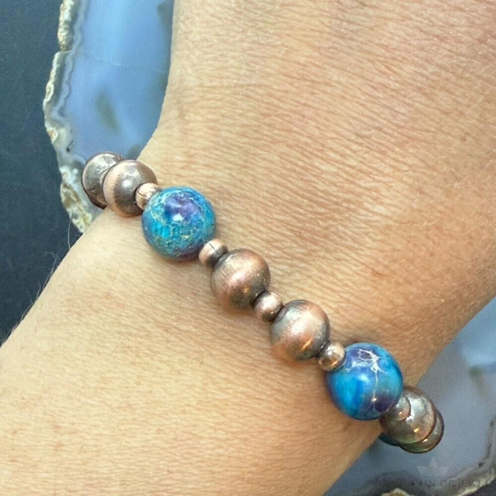 Southwestern Style 4-8mm Copper Navajo Pearl Beads &10mm Jasper Stretch Bracelet